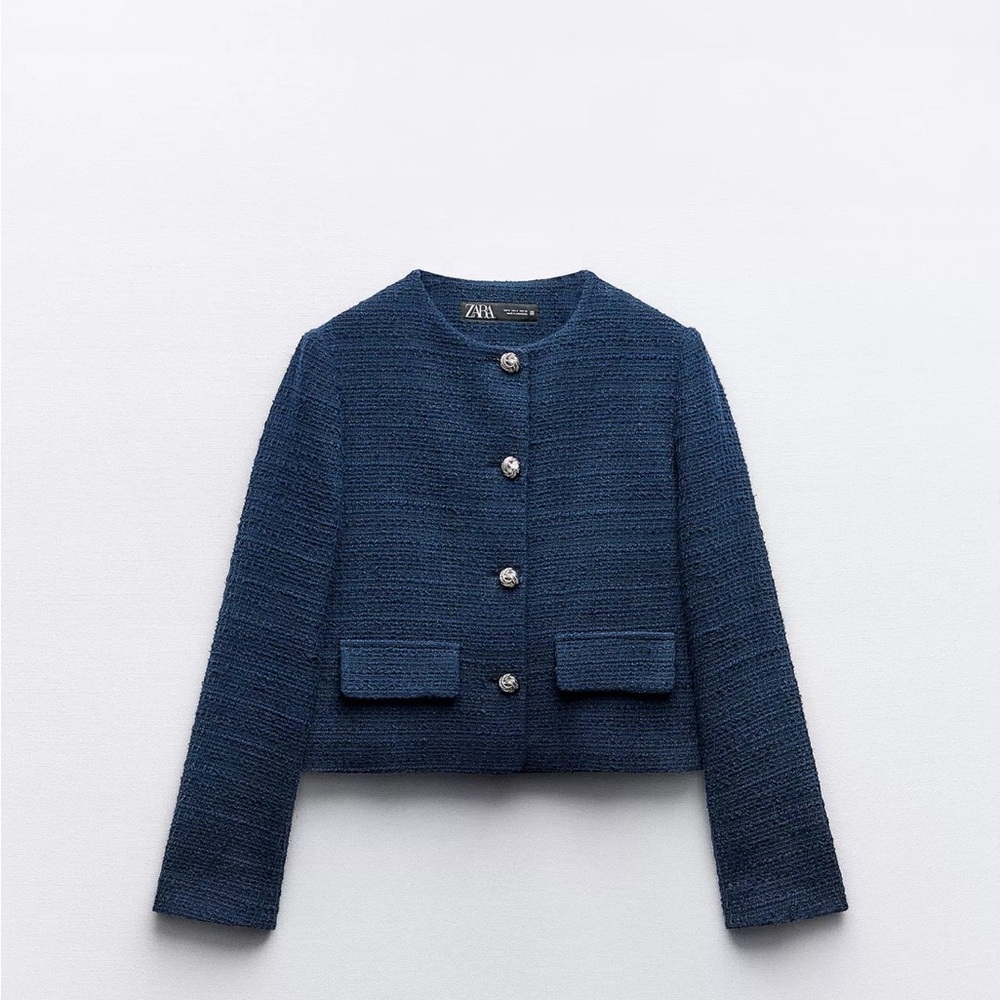 ZARA Navy Textured Button Front Jacket